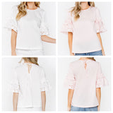 White OR Blush Pink Eyelet Poplin Top with Ruffle Detail and Tie Back