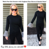 Black Fine Knit Sweater with Gingham Flute Sleeves & Banded Waist