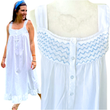 Handmade White & Blue Cotton Smocked Vicki Nightgown with Ruffle Hem