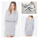 Light Grey Soft Long Sleeve Wool Blend Sweater Dress with Silk Bow Back