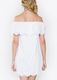 White Off the Shoulder Scallop Trim Dress with Eyelet Detail