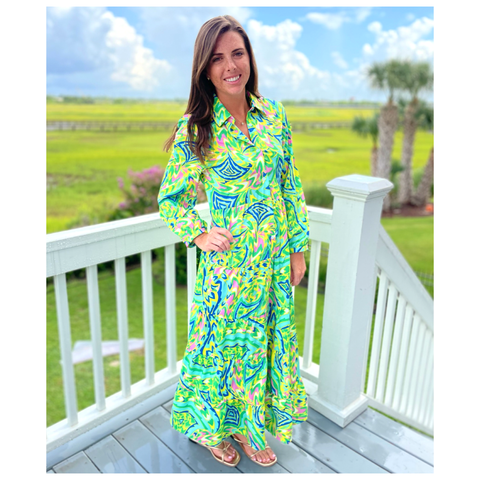 Green Vibrant Floral Tiered Hem Lilly Dress