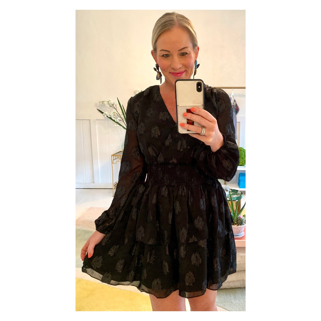 Black V-Neck Long Sleeve Tiered Ruffle Dress with METALLIC Black Accents, Smocked Waist ... Black V-Neck Long Sleeve Tiered Ruffle Dress with METALLIC Black Accents, Smocked Waist ...