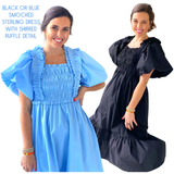 Black or Blue Smocked Sterling Dress with Shirred Ruffle Detail