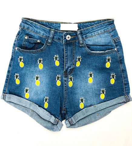Denim Embroidered Pineapple Shorts