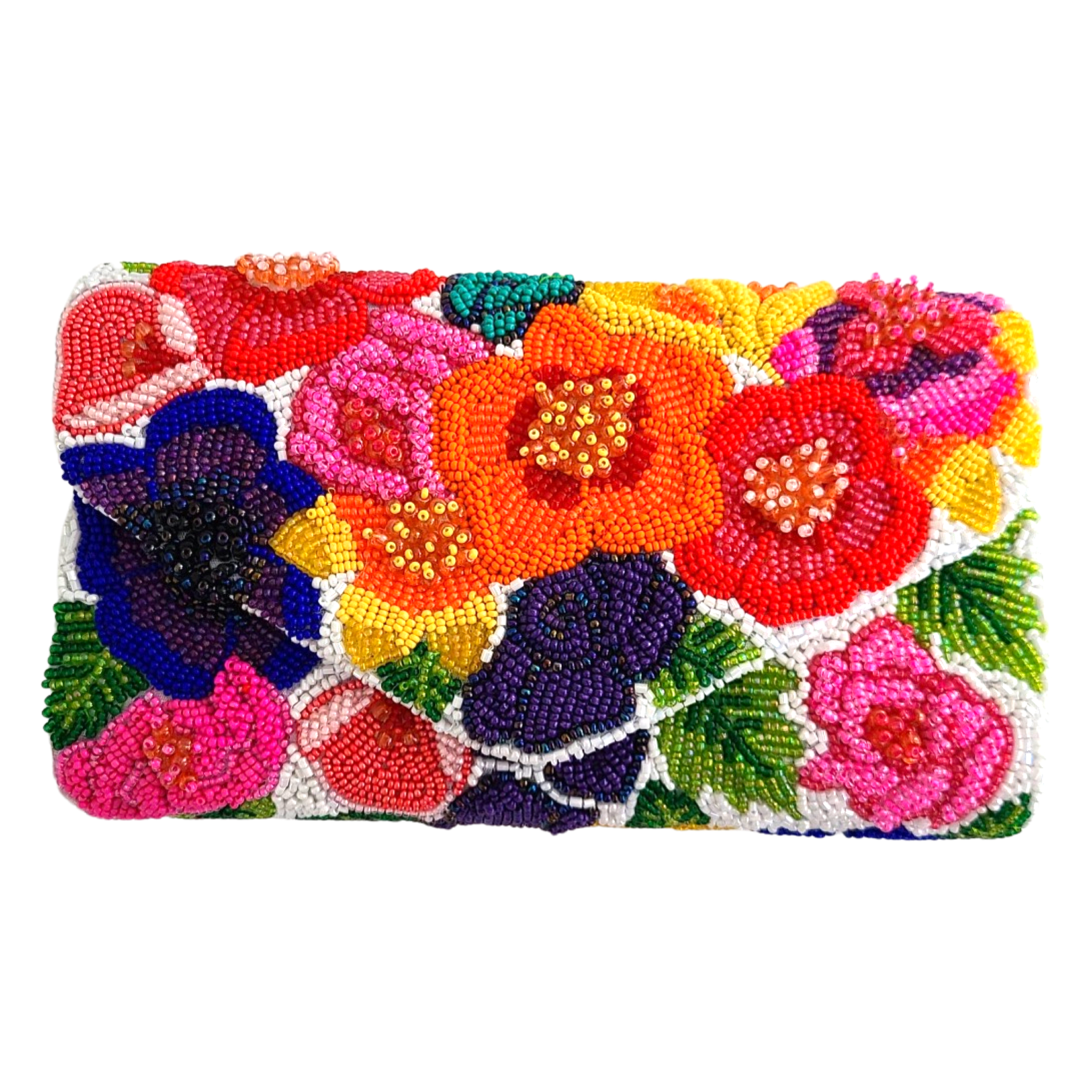 Hand Beaded Rainbow Hard Sided Clutch & 3D White Floral Bag