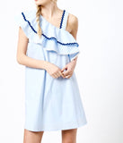 Baby Blue Dress with Asymmetrical Ruffle Hem & RicRac Trim