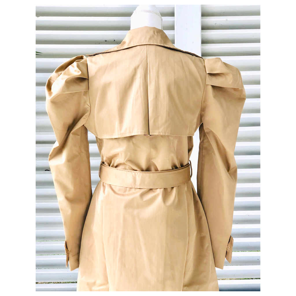 Camel Shirred Puff Sleeve Double Breasted Sophisticated Belted