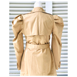 Camel Shirred Puff Sleeve Double Breasted Sophisticated Belted Trench Coat