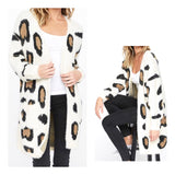 Ivory Leopard Print Open Front Fuzzy Cardigan with Pockets