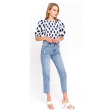White & Navy Ikat Dot Smocked Top with Ruffle Trim Puff Sleeves