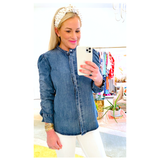 Denim Ruched Puff Sleeve Snap Front Top