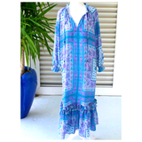 Blue & Lavender Scarf Print Ruffle Trim Cotton Marcella Dress