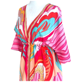 Pink & Aqua Vintage Print Pucc Caftan Dress with Drawstring Waist