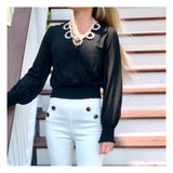 Ivory OR Black Smocked Sleeve & Waist Long Sleeve Top with Snap Bust Closure