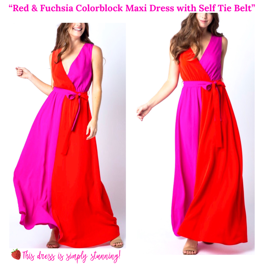 Red & Fuchsia Colorblock Maxi Dress with Self Tie Belt - James Ascher