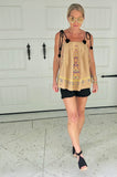 Embroidered Burlap Taupe Trapeze Cami with PomPom Shoulder Ties (Matching Shorts Sold Separately)