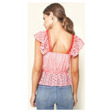 Red & White EYELET Flutter Sleeve Peplum Top with Circle Lace Trim