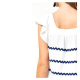 White Flutter Sleeve Top with Embroidered Navy Grosgrain Ribbon Ric Rac Trim