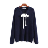 Navy Ribbed Knit Sweater with Front White Lace Up Self Tie