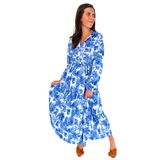 Blue & White Chinoiserie Monkey Business Dress with Accordion Ruffle Pleated Neckline