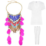 Hot Pink Beaded Feather Collar Necklace