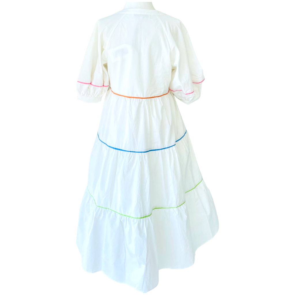 Cotton Puff Sleeve Reedy Dress with Rainbow Stripe Piping & Pockets ...