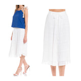 White Textured Stripe Pleated Midi Skirt with Tie Waist