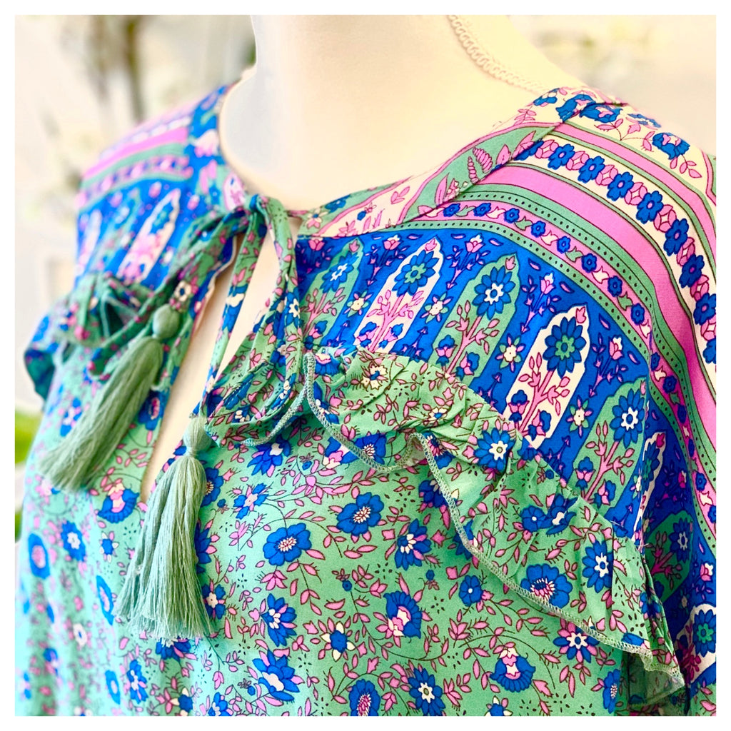 Mint Green Lilac & Blue Floral Print Dolman Sleeve High Low Midi Dress ...
