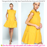 Marigold Ruffle Trim High Neck Tiered Ruffle Hem Dress with POCKETS