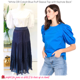 White OR Cobalt Blue Poplin Puff Sleeve Top with Keyhole Back