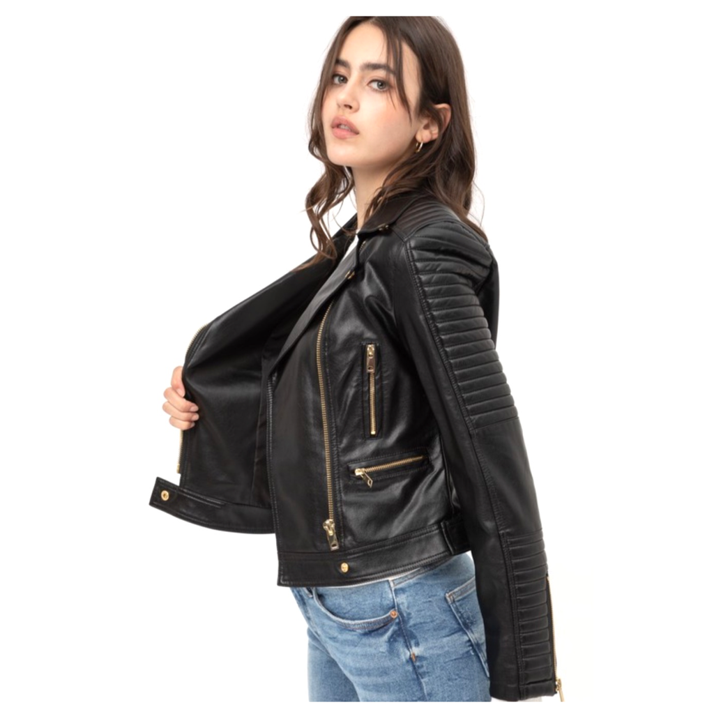 Black Vegan Leather Moto Jacket with Gold Hardware Ribbed Sleeve