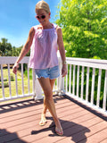 Pink White ‘Seersucker Stripe’ Cami with Ruffle Shoulder