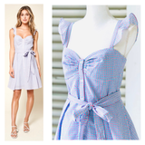 Pink & Blue Seeesucker Gingham Flutter Sleeve Dress with Bustier Bodice & Front Pleat