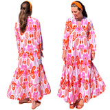 Block Print Maxi Length Sarah Kaftan Dress with Ruffle Sleeve