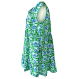 Green & Blue Block Print Emerald Isle Dress with Accordion Ruffle Neck & Pockets