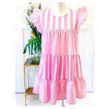 Baby Pink & White Stripe Flutter Sleeve Ruffle Hem Babydoll Dress with Button Back