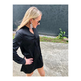 Black V-Neck Structured Satin Shirtdress with Button Cuffed Sleeves