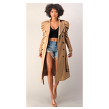 Camel Shirred Puff Sleeve Double Breasted Sophisticated Belted Trench Coat