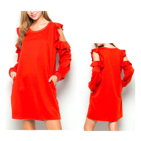 Tomato Red Ruffle Cold Shoulder Sweatshirt Dress