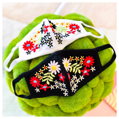 Black OR White Hand Embroidered Otami Reusable Double Layer Cotton Face Masks