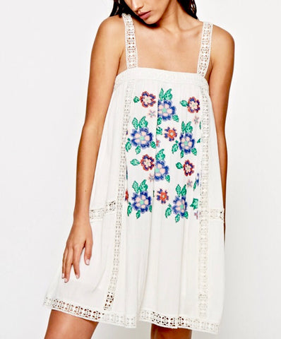 Off White Embroidered Sleeveless Tank Dress with Lace Straps