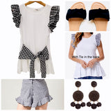 White T-Shirt with Black Gingham Frill Sleeves and Front or Back Tie