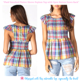 Multicolor Plaid Smocked Flutter Sleeve Peplum Top with Semi Open Button Down Back