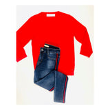 Bright Red Fine Knit Top with Scallop Sleeve & Collar Trim