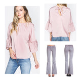 Blush Pink Ruffle 3/4 Bell Sleeve Top with BOW Back