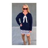 Navy Ribbed Knit Sweater with Front White Lace Up Self Tie