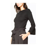 Black Knit Crewneck Fitted Sweater with Flounce Sleeves