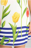 White Cap Sleeve Floral Shift Dress with Royal Stripes
