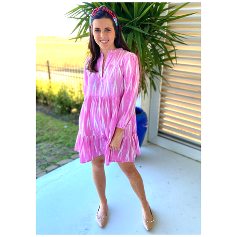 Pink Ikat Block Print Cotton Folly Dress